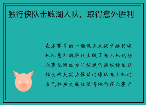 独行侠队击败湖人队，取得意外胜利