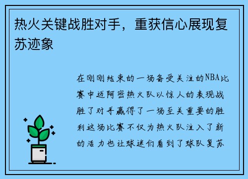 热火关键战胜对手，重获信心展现复苏迹象