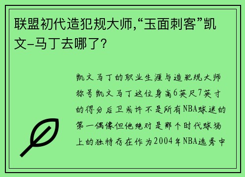 联盟初代造犯规大师,“玉面刺客”凯文-马丁去哪了？