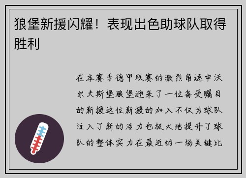 狼堡新援闪耀！表现出色助球队取得胜利