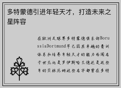 多特蒙德引进年轻天才，打造未来之星阵容