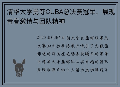 清华大学勇夺CUBA总决赛冠军，展现青春激情与团队精神