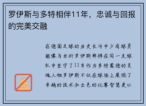 罗伊斯与多特相伴11年，忠诚与回报的完美交融