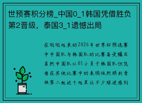 世预赛积分榜_中国0_1韩国凭借胜负第2晋级，泰国3_1遗憾出局