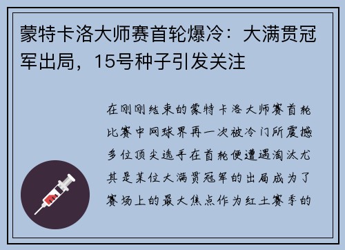 蒙特卡洛大师赛首轮爆冷：大满贯冠军出局，15号种子引发关注