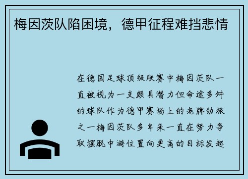 梅因茨队陷困境，德甲征程难挡悲情