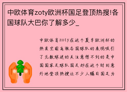 中欧体育zoty欧洲杯国足登顶热搜!各国球队大巴你了解多少_