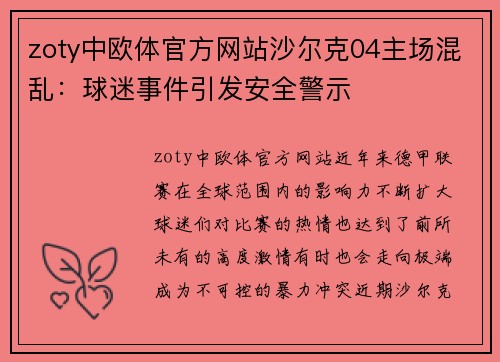 zoty中欧体官方网站沙尔克04主场混乱：球迷事件引发安全警示