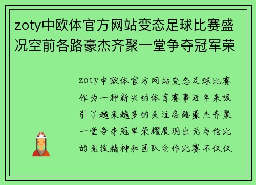 zoty中欧体官方网站变态足球比赛盛况空前各路豪杰齐聚一堂争夺冠军荣耀