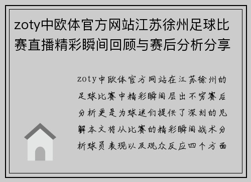 zoty中欧体官方网站江苏徐州足球比赛直播精彩瞬间回顾与赛后分析分享